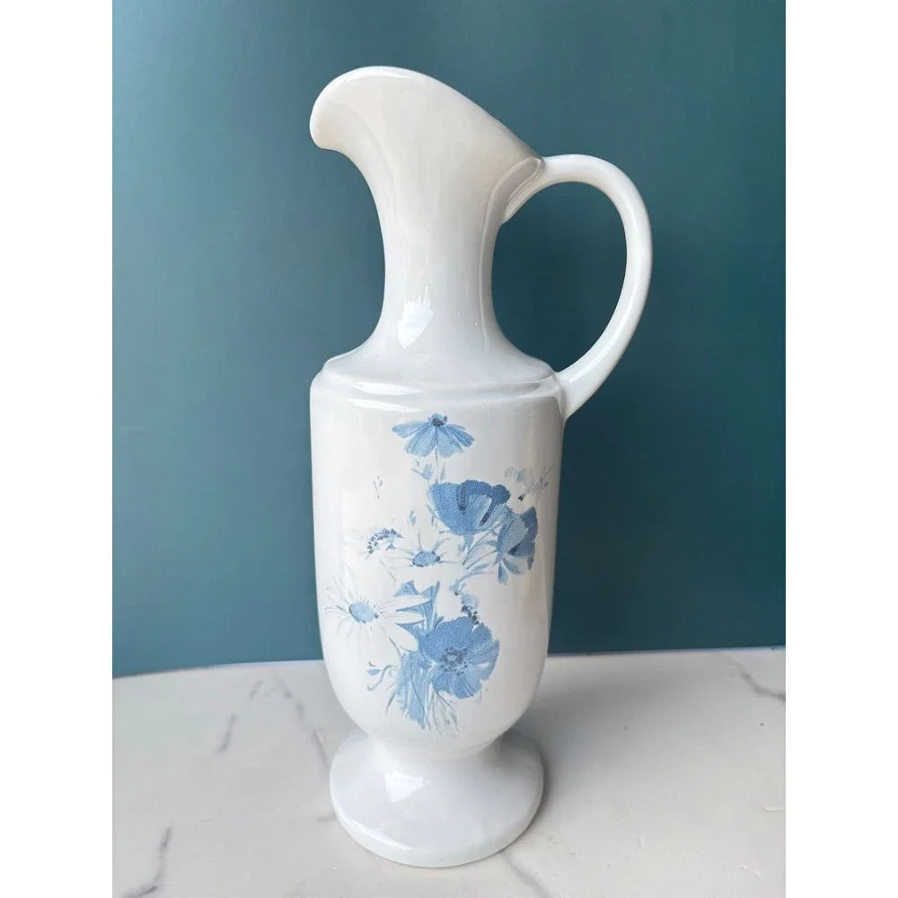 Vintage Royal Haeger White Blue Floral Ceramic Pitcher Vase Ewer Dundee IL 12in